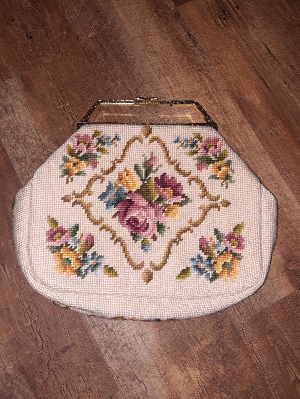 Vintage Floral Needlepoint Women’s Handbag - Cream with Pink & Yellow Flowers